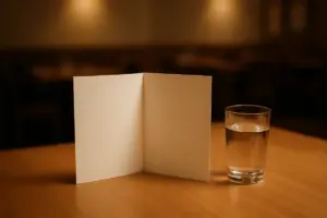 Opslået menukort på et bord med et glas vand ved siden af.