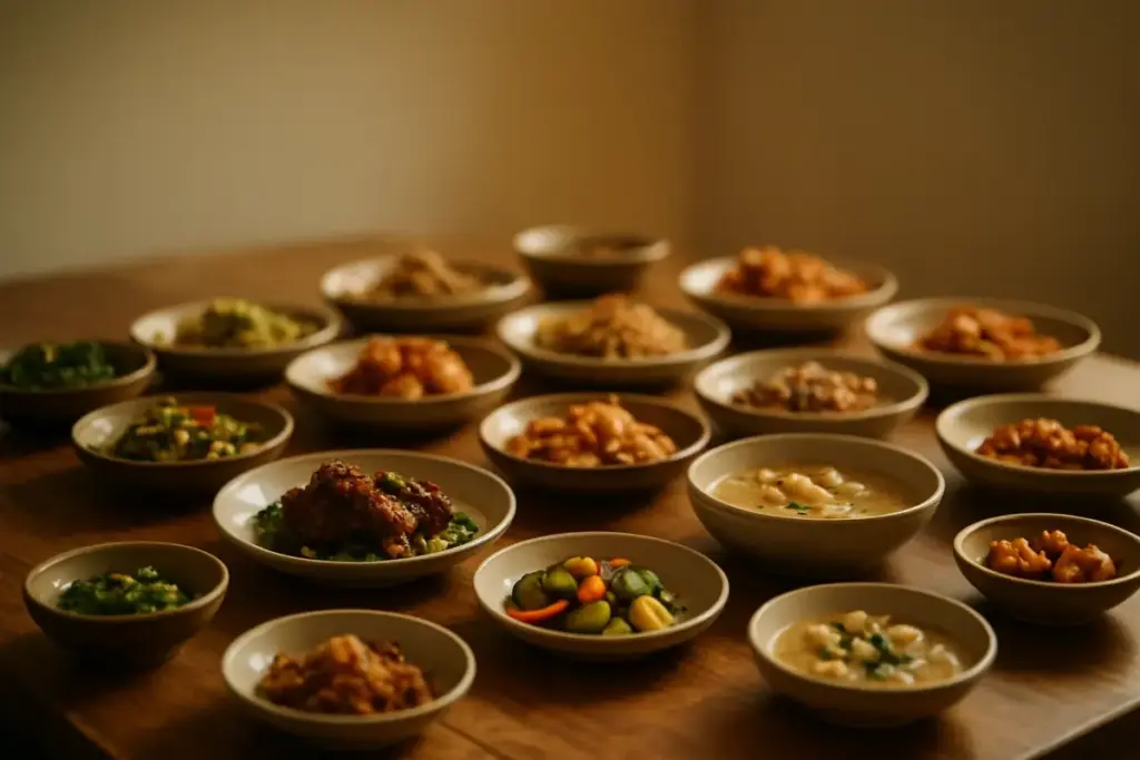Et bord fyldt med flere retter, end der kan spises.
