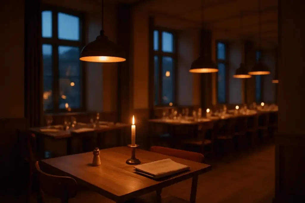 Restaurantlokale i skumring — et lille bord med hvid dug og stearinlys i forgrunden, og bagved lange rækker af ens dækkede borde under varme pendellamper.