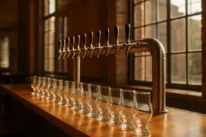 Tomme ølglas på bardisk i et lyst bryggerilokale med tapanlæg klar til smagningssession