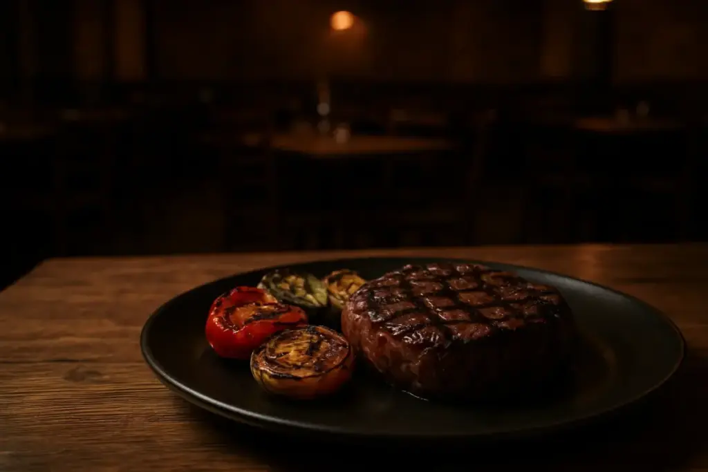 Grillet bøf og grønsager på en tallerken på et mørkt træbord.