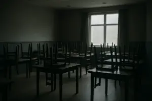 Tomt, mørkt restaurantlokale med stole vendt op på bordene.