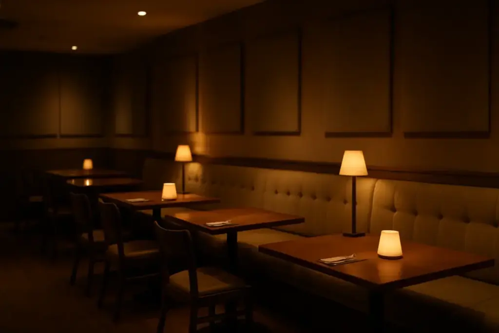 Roligt, tomt restaurantlokale med bløde møbler og dæmpet lys.