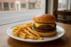 Cheeseburger med pommes frites på en hvid tallerken i en lille burgerrestaurant med dagslys fra butiksvinduet.
