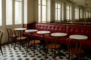 Klassisk brasserie med bøjetræsstole, små marmorborde, messingskinne og rød pluds.