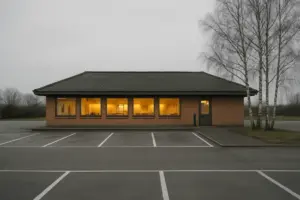 Dansk restaurant set fra parkeringspladsen med tomme båse i forgrunden.