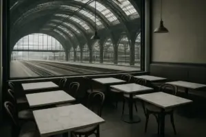 Caférestaurant med marmorborde og udsigt til en banegårdshal i stål og glas.