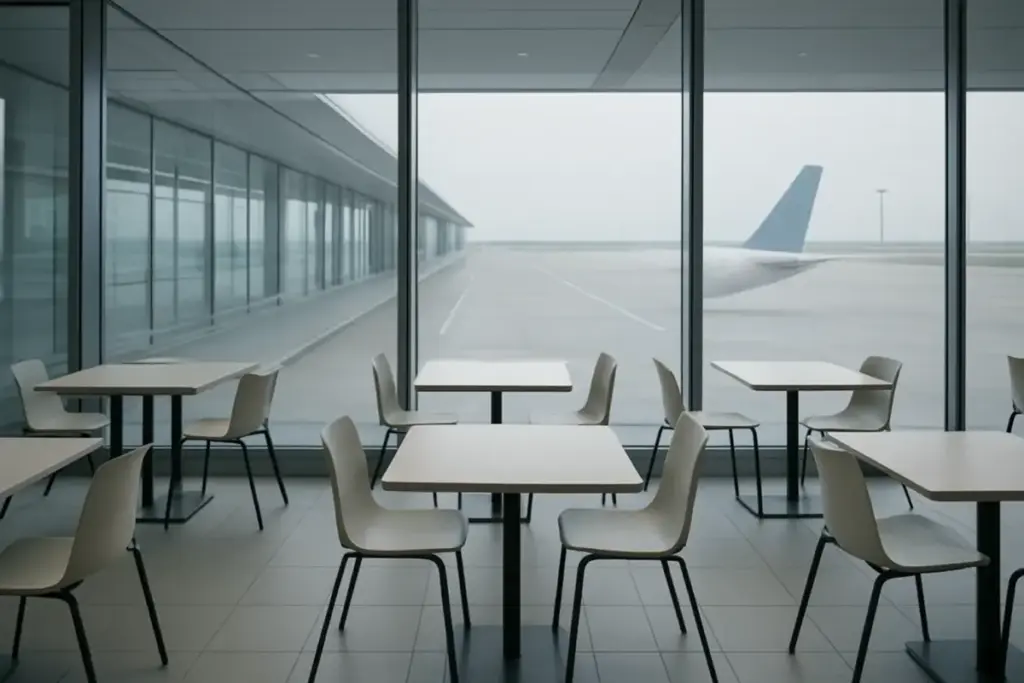 Spiseområde i en lufthavnsterminal med tomme borde og en flyhale synlig udenfor.