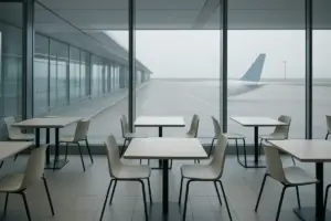 Spiseområde i en lufthavnsterminal med tomme borde og en flyhale synlig udenfor.