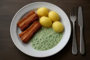 Stegt flæsk med persillesovs og kartofler på en hvid tallerken på mørkt træbord.