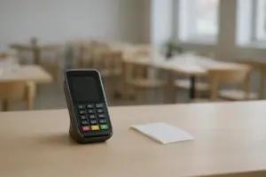 Kortterminal på en lys træbardisk med restauranten ude af fokus i baggrunden.