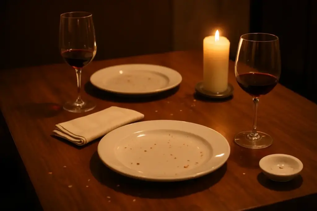Restaurantbord sent på aftenen med halvtomme vinglas, nedbrændt lys og ryddede tallerkener.