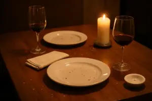 Restaurantbord sent på aftenen med halvtomme vinglas, nedbrændt lys og ryddede tallerkener.
