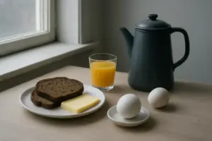 Dansk morgenbord ved et vindue med rugbrød, æg, ost og kaffe i køligt morgenlys.