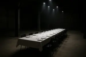 Langt dækket bord i en rå industrihal med teaterbelysning ovenfra.
