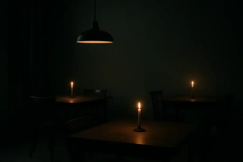 Dæmpet oplyst spisesal med et enkelt stearinlys på hvert bord og en lav pendel over.