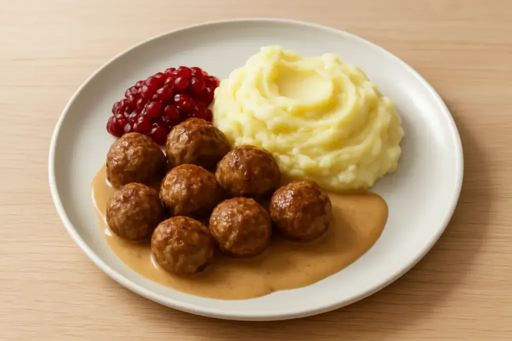 Svenske retter med kødboller, tyttebær og flødestuvede kartofler