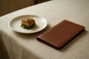 Restaurantbord med en lille ret og en regningsmappe