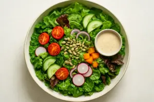 Stor restaurantsalat med blade, grøntsager, kerner og dressing
