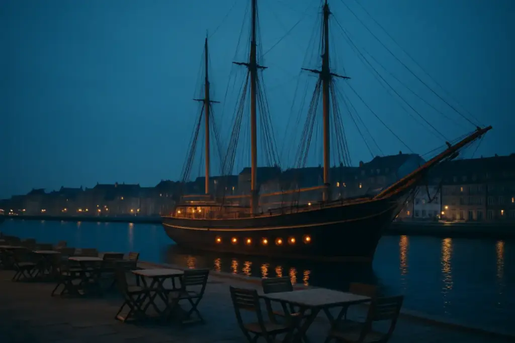 Ældre træskib fortøjet ved havnepromenaden i blå time med lys i koøjerne og tomme borde på kajen