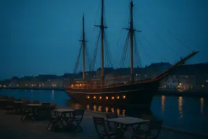 Ældre træskib fortøjet ved havnepromenaden i blå time med lys i koøjerne og tomme borde på kajen