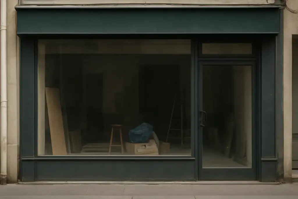 Lukket restaurantfacade med mørke vinduer og renoveringsmaterialer indenfor