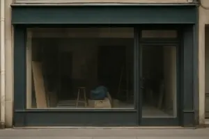 Lukket restaurantfacade med mørke vinduer og renoveringsmaterialer indenfor