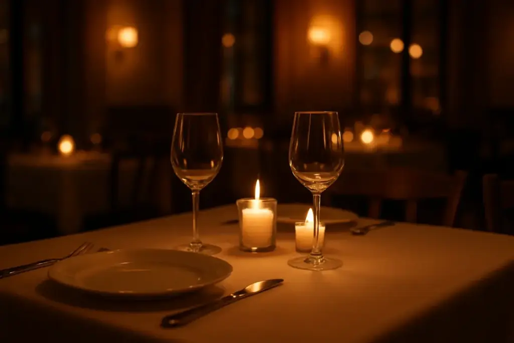 Dækket restaurantbord med stearinlys og vinglas