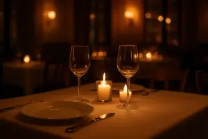 Dækket restaurantbord med stearinlys og vinglas