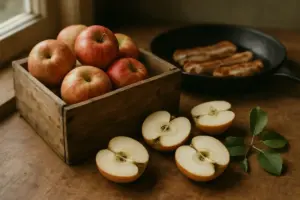 Danske æbler i en trækasse på et køkkenbord, nogle halverede, med en gren med blade ved siden af.