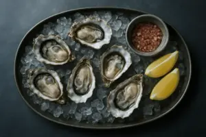 Åbnede østers på knust is i et fad, med citronbåde og en skål eddikedressing ved siden af.