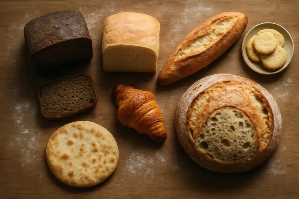 Rugbrød, franskbrød, baguette, croissant og surdejsbrød på en bagerdisk af træ