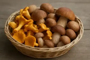 Blandede svampe i en fladkurv: Kantareller, karl johan og brune champignoner