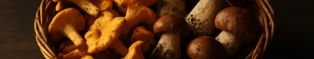 Blandede svampe i en fladkurv: Kantareller, karl johan og brune champignoner