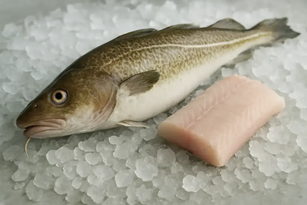 Hel frisk torsk på is med et udskåret stykke filet ved siden af