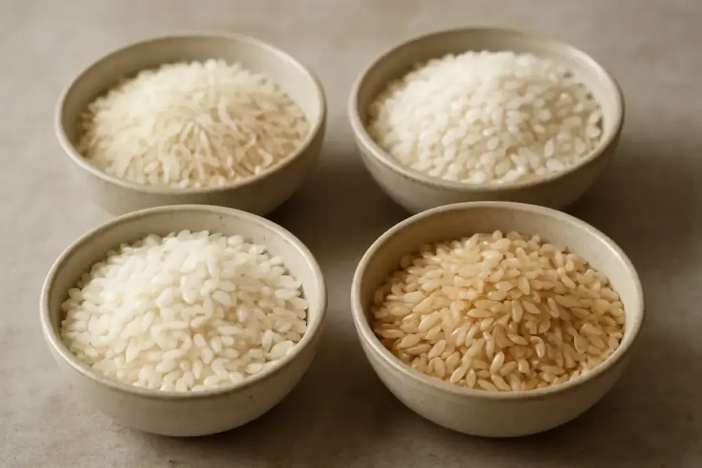 Fire skåle med forskellige rissorter: Basmati, sushiris, risottoris og brune ris