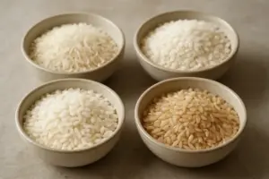 Fire skåle med forskellige rissorter: Basmati, sushiris, risottoris og brune ris