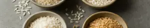 Fire skåle med forskellige rissorter: Basmati, sushiris, risottoris og brune ris