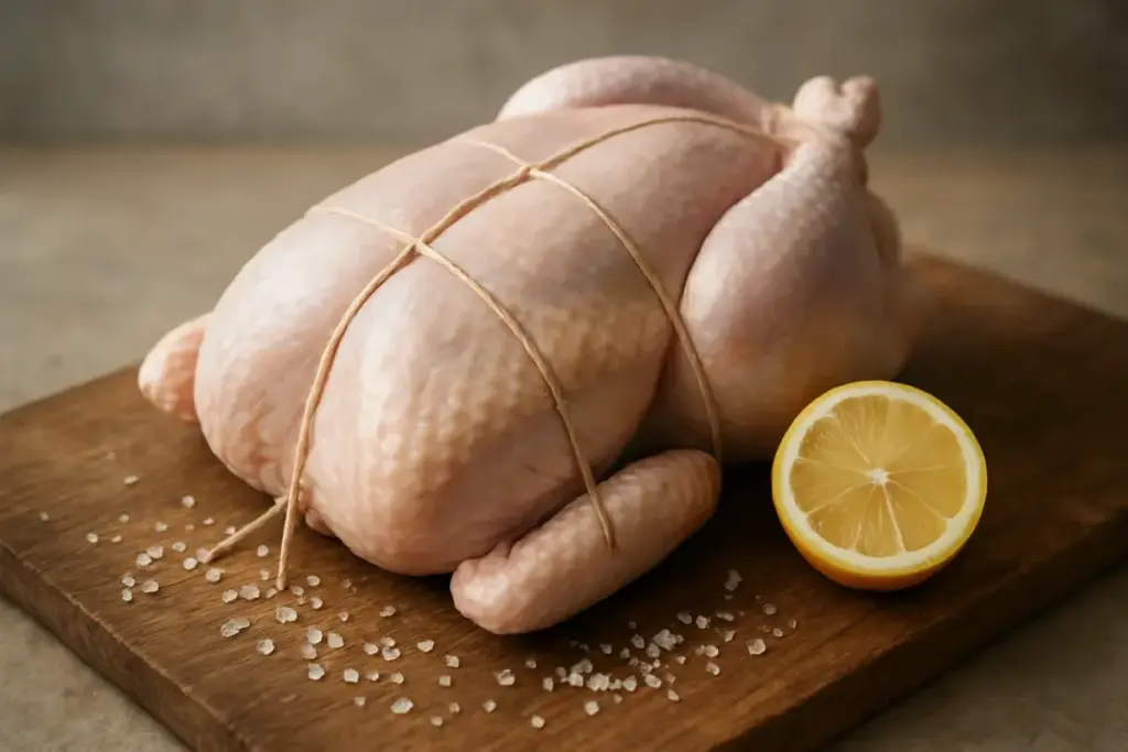Hel rå kylling bundet op med snor på et træbræt med salt og citron