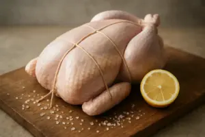 Hel rå kylling bundet op med snor på et træbræt med salt og citron