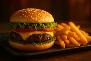 Flammegrillet burger med smeltet ost og sprøde pommes frites på en mørk bakke.