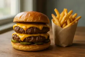 Dobbelt burger med cheddar og syltede agurker ved siden af et kræmmerhus med pommes frites.