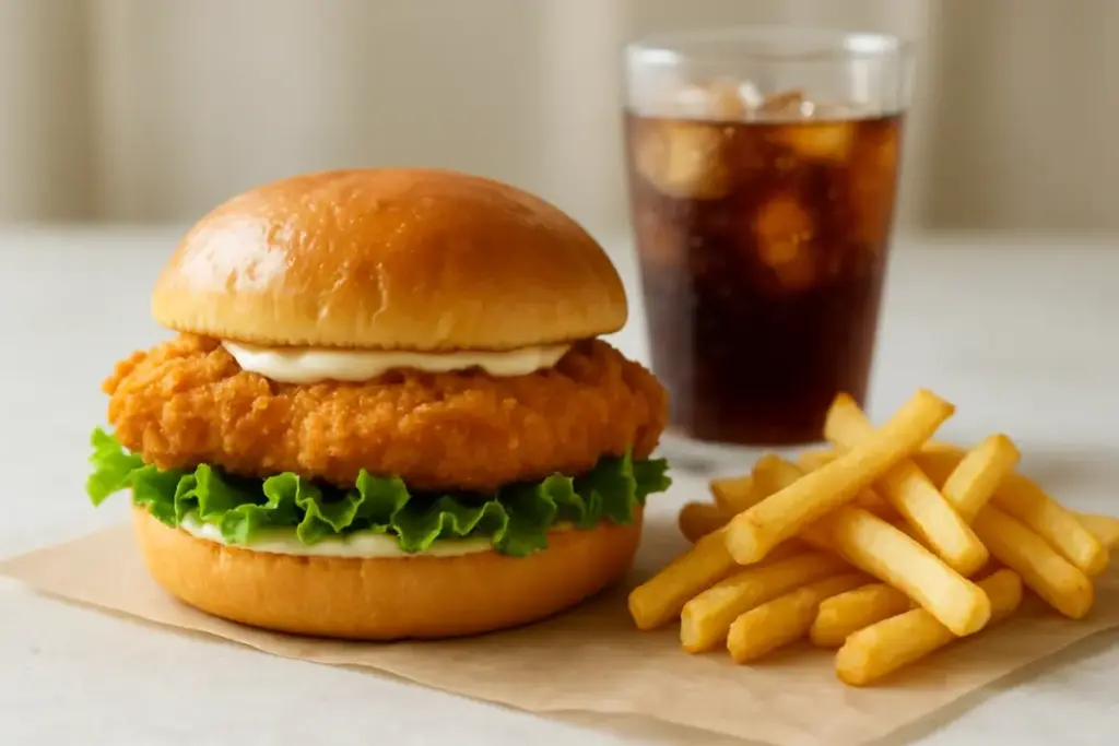 Sprød kyllingeburger i briochebolle med pommes frites og en kold sodavand.
