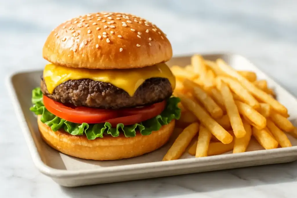 Høj burger med smeltet ost, salat og tomat sammen med gyldne pommes frites på en lys bakke.