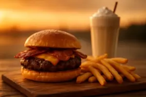 Flammegrillet burger med bacon og ost på et træbræt sammen med pommes frites og milkshake.