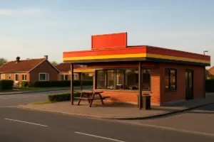 Fastfoodrestaurant ved en gennemgående vej i et dansk boligkvarter