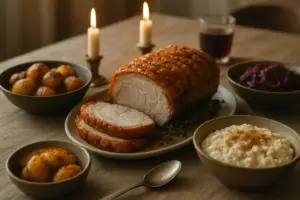 Dansk julemiddag på bordet juleaften med flæskesteg, brunede kartofler, rødkål og risalamande i levende lys