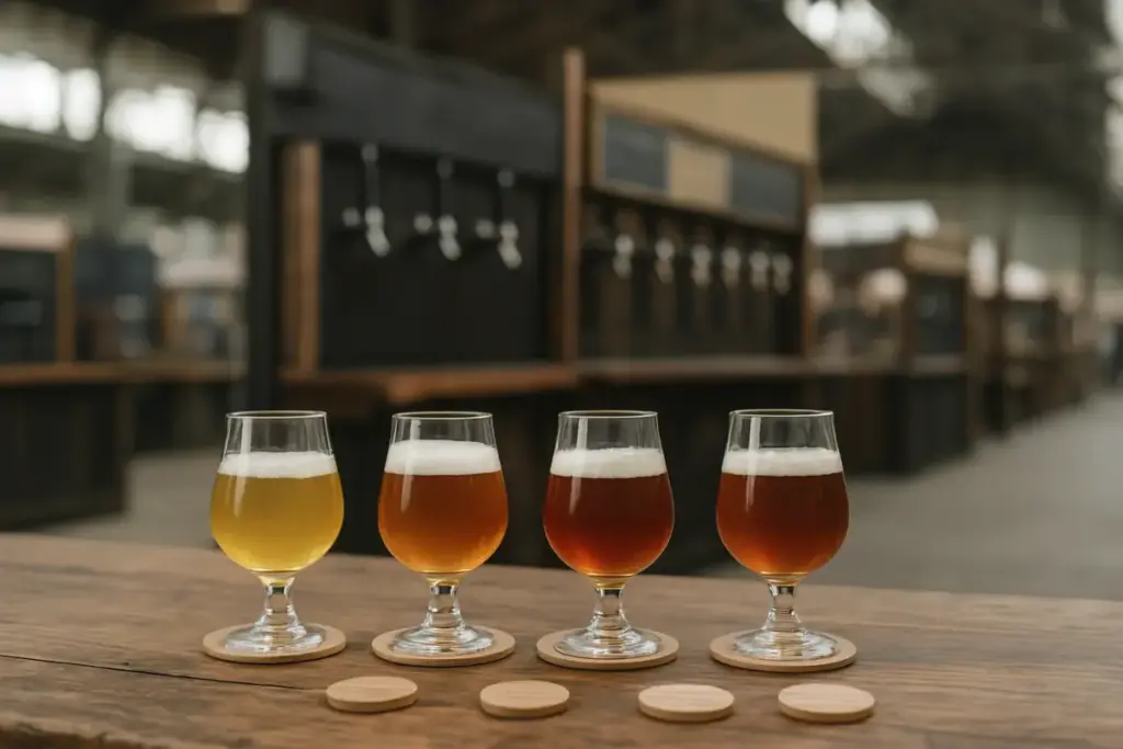 Smagsglas og poletter foran bryggeristande med fadølshaner i en stor hal til ølfestival