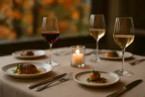 Dækket restaurantbord med små anretninger og vinglas i levende lys en efterårsaften
