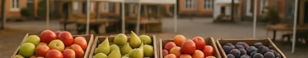 Kasser med æbler, pærer og blommer samt flasker med most på en stand til frugtfestival på torvet